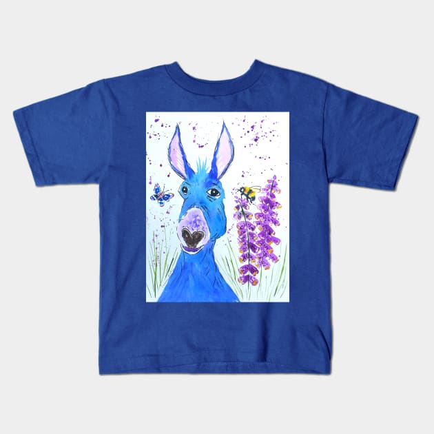 Silly Blue Donkey among Foxglove Kids T-Shirt by Casimirasquirkyart